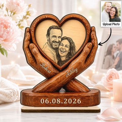 Custom Couple Photo Sketch Style Forever Love - Personalized 2-Layered Wooden Plaque - Anniversary Gift For Couple, For Him, For Her