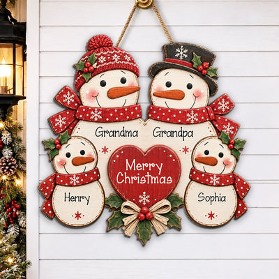 Merry Christmas Grandpa Grandma Grandkids Snowman - Personalized Wood Sign - Christmas Decor, Door Sign For Grandparents