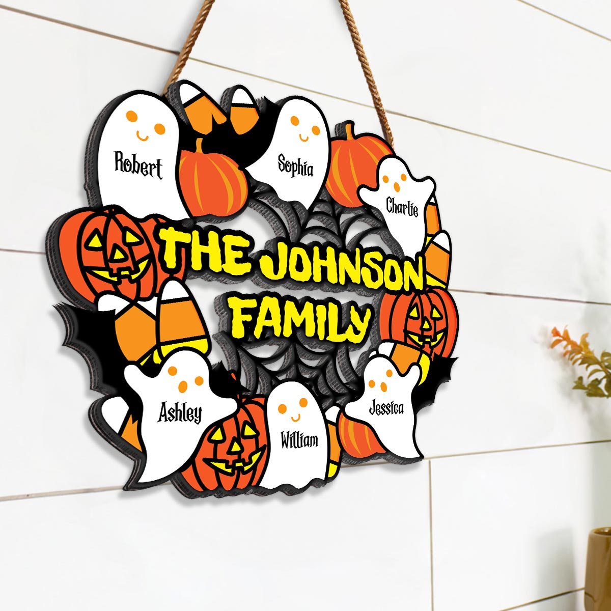 Halloween Family Wreath Shaped Personalized Wood Sign