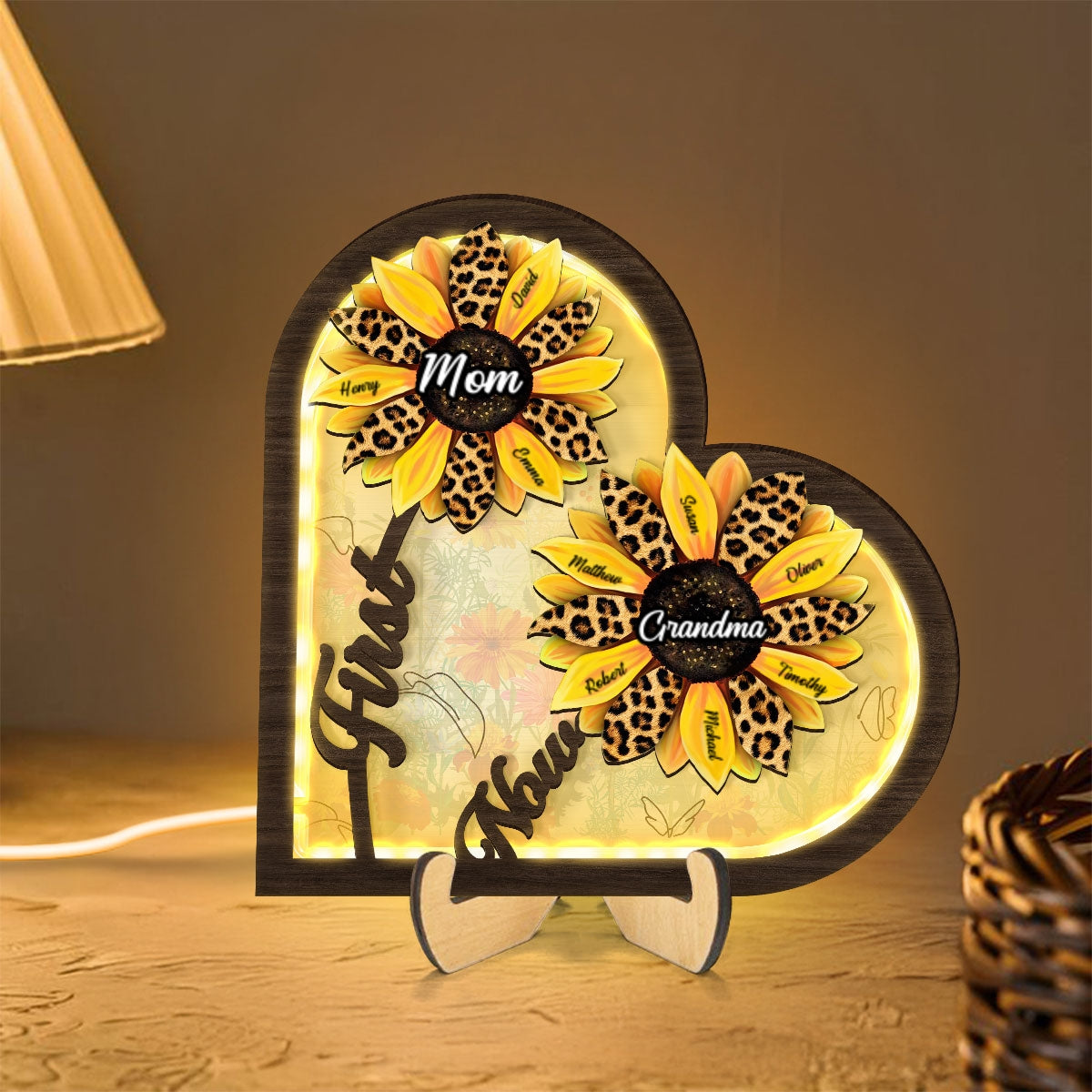 Sunflowers First Mom Now Grandma Personalized Heart 2-Layer Wooden Plaque With LED