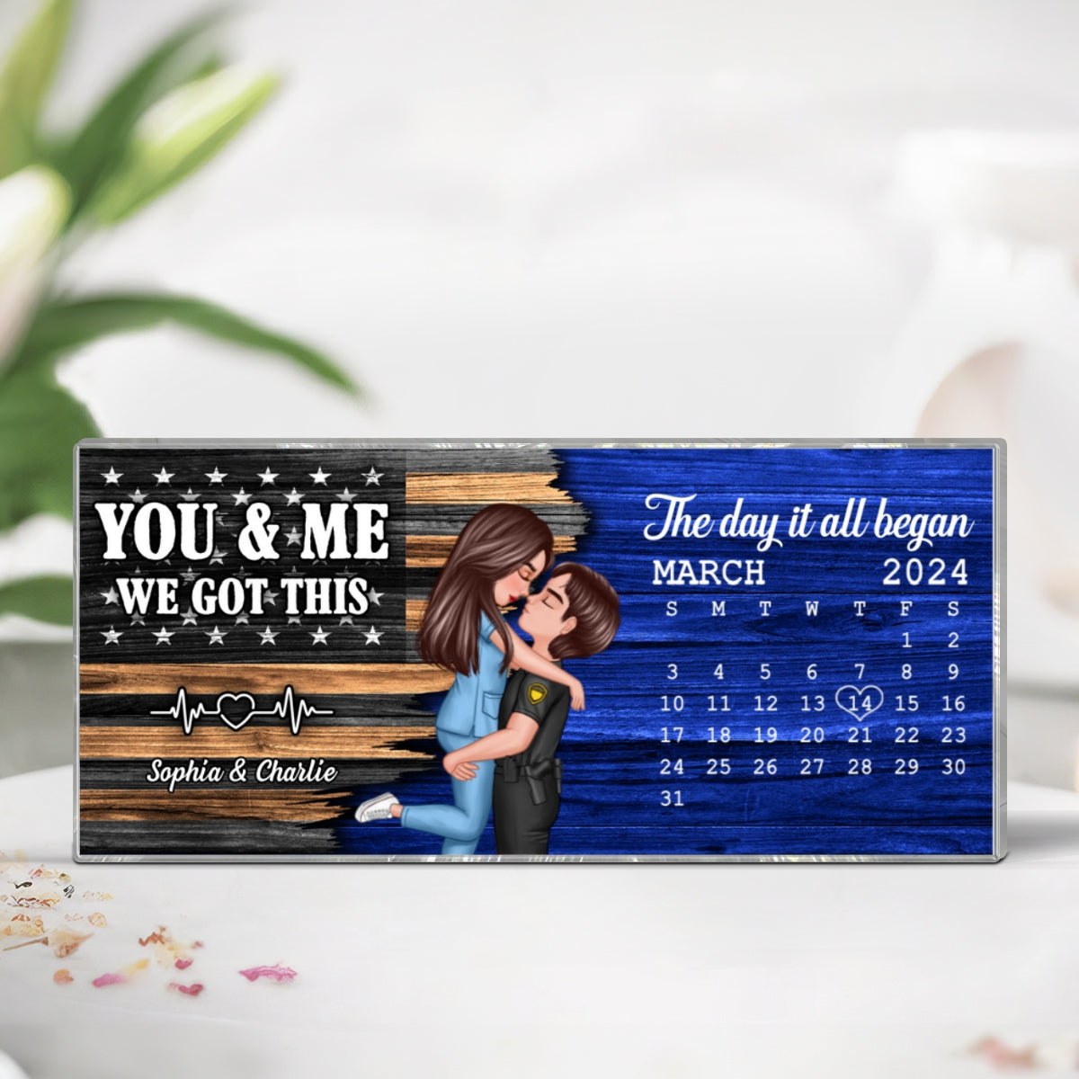 Hero Couple Hugging Kissing Half Flag Anniversary Calendar Keepsake  Gift by Occupation Personalized Acrylic Block Plaque