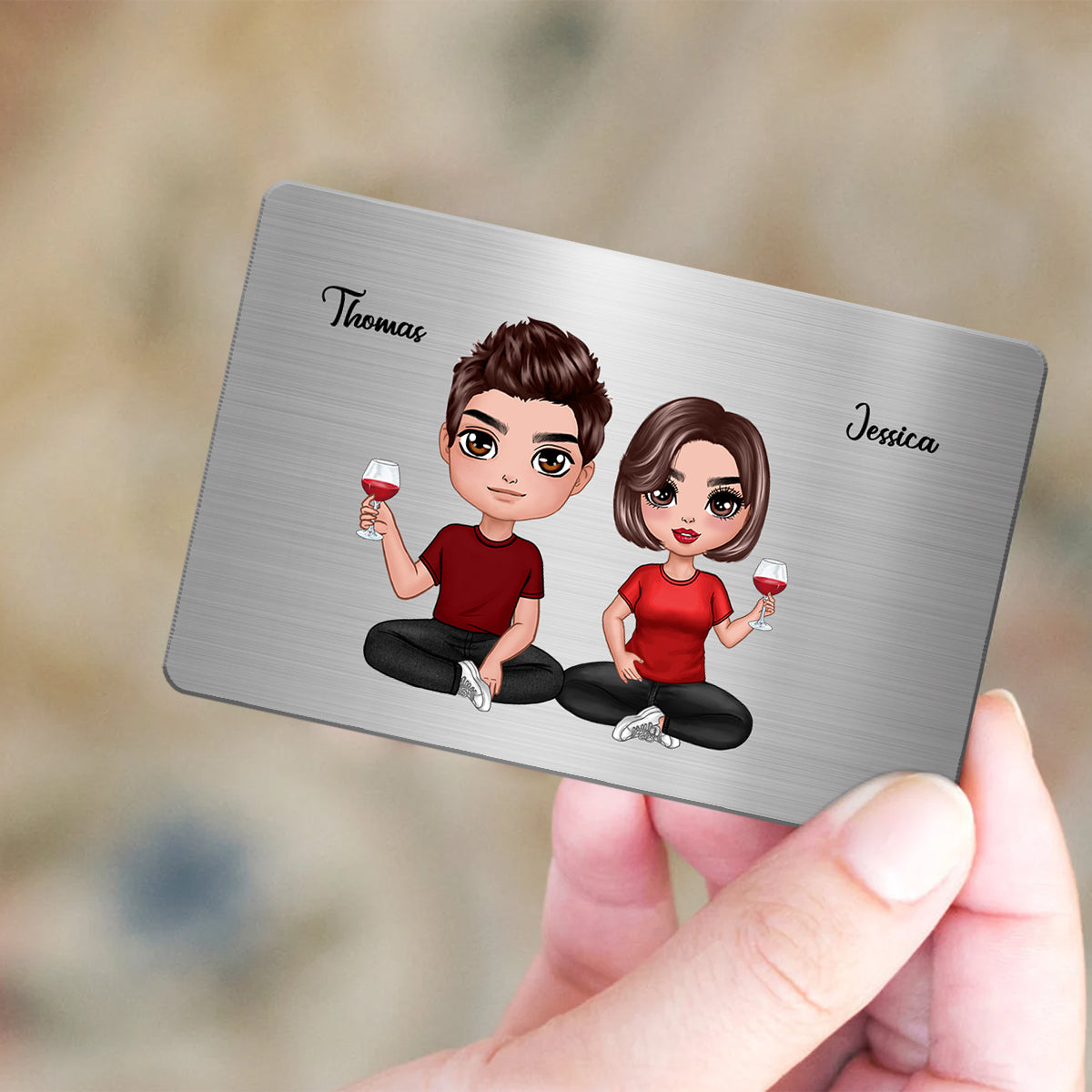 My Love Will Never Crumble Custom Message Doll Couple Sitting Personalized Metal Wallet Card