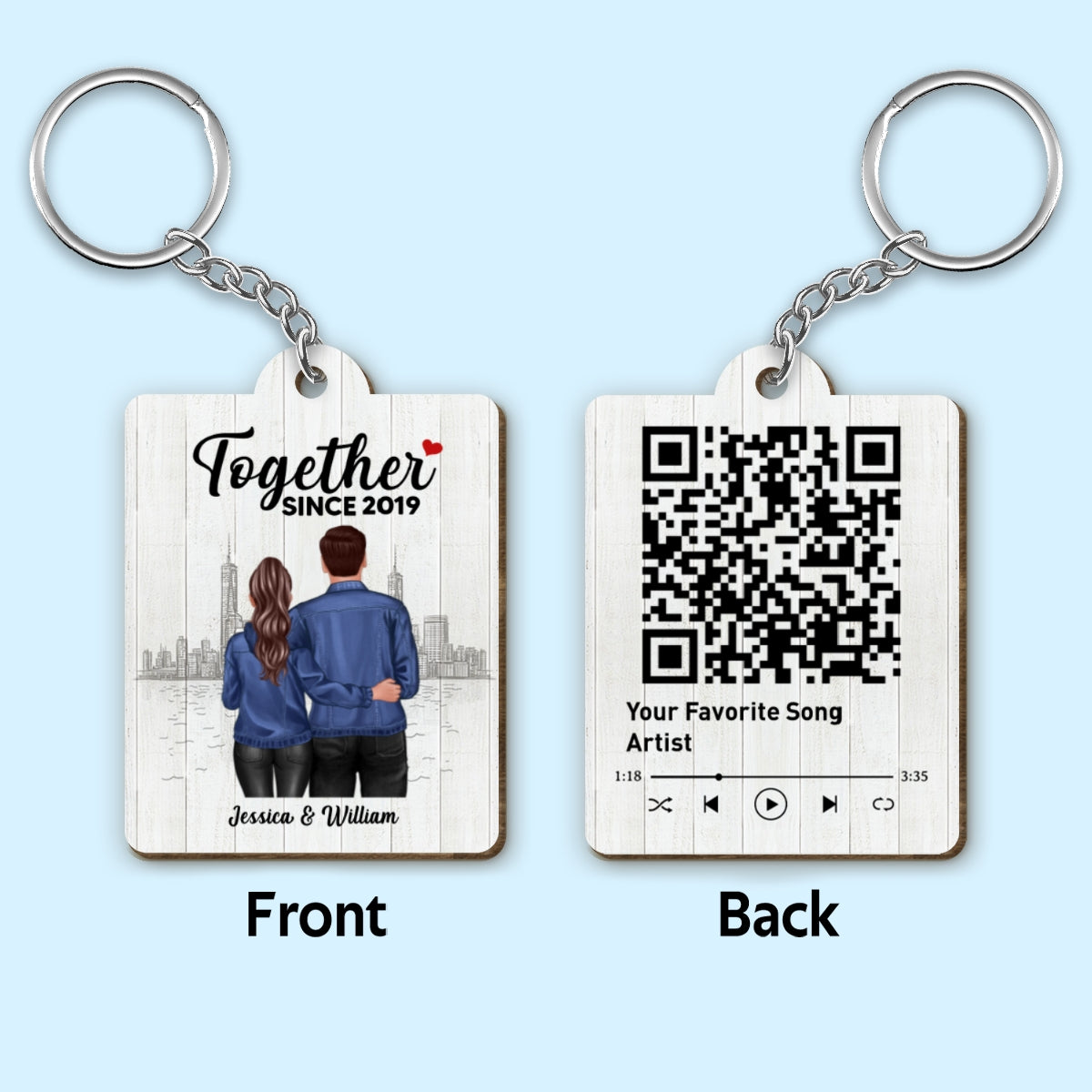 Denim Back View Couple Standing Hugging Favorite Song Scannable QR Code Personalized Wooden Keychain