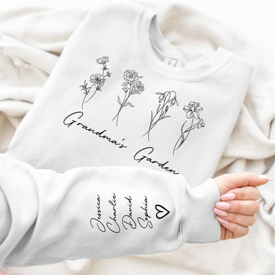Outline Birth Month Flowers Personalized Sleeve Printed Sweatshirt, Gift For Mom Grandma Aunt