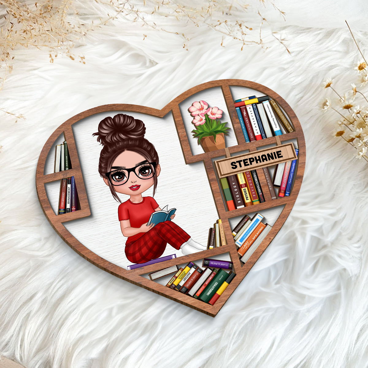 Reading Book Girl Bookshelf Heart Personalized 2-layer Wooden Plaque