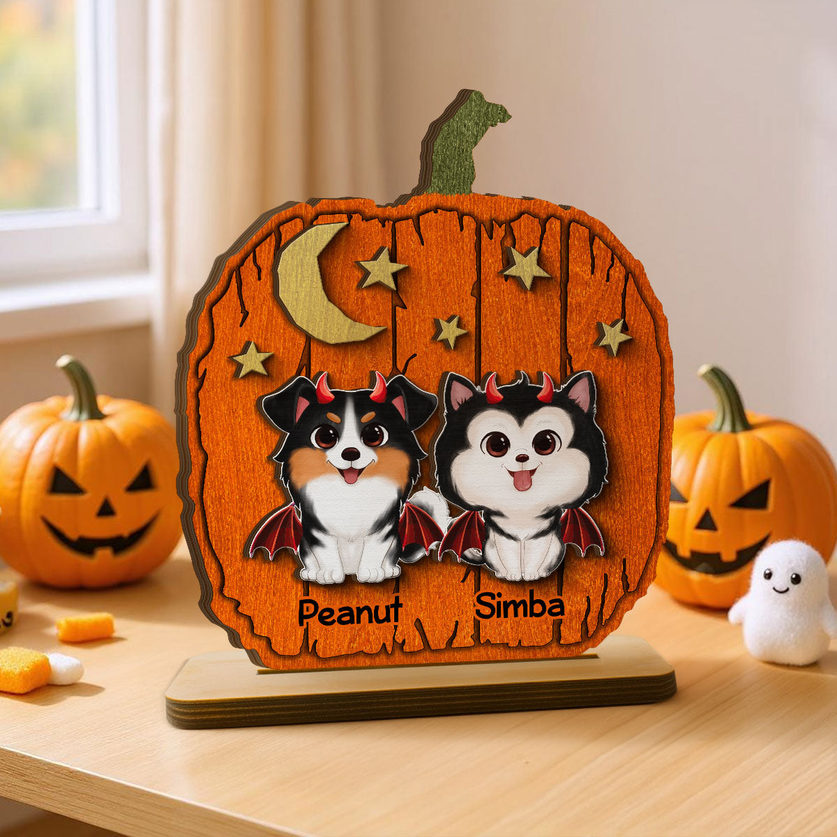 Halloween Dog Pumpkin Shaped Personalized 2-Layer Standing Wooden Plaque