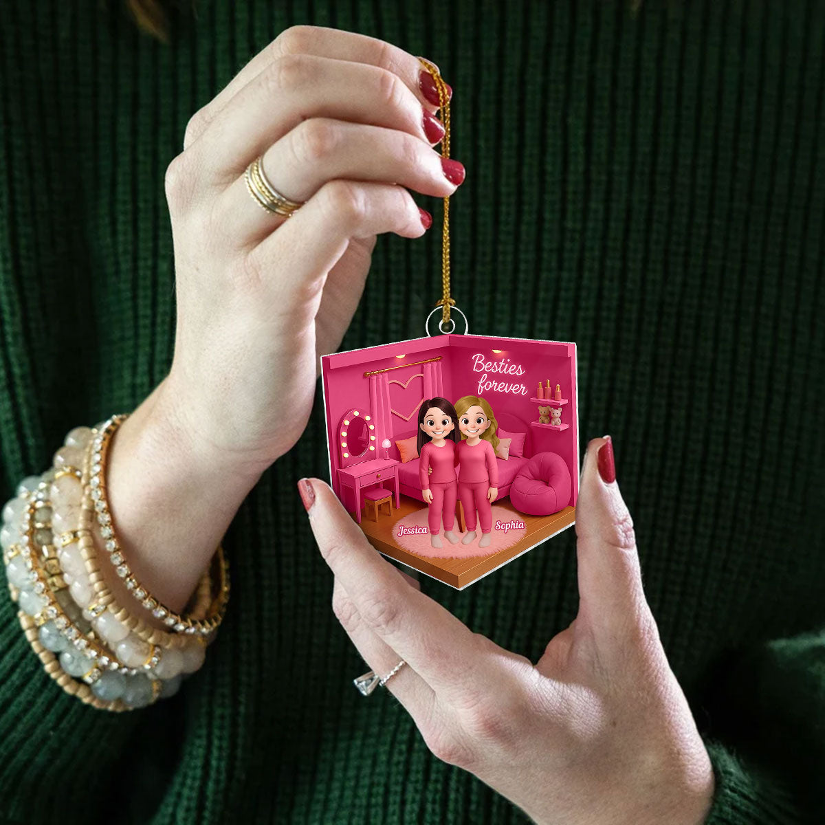 3D Effect Besties Pink Tone Diorama Dream Dollhouse Personalized Flat Acrylic Ornament, Keepsake