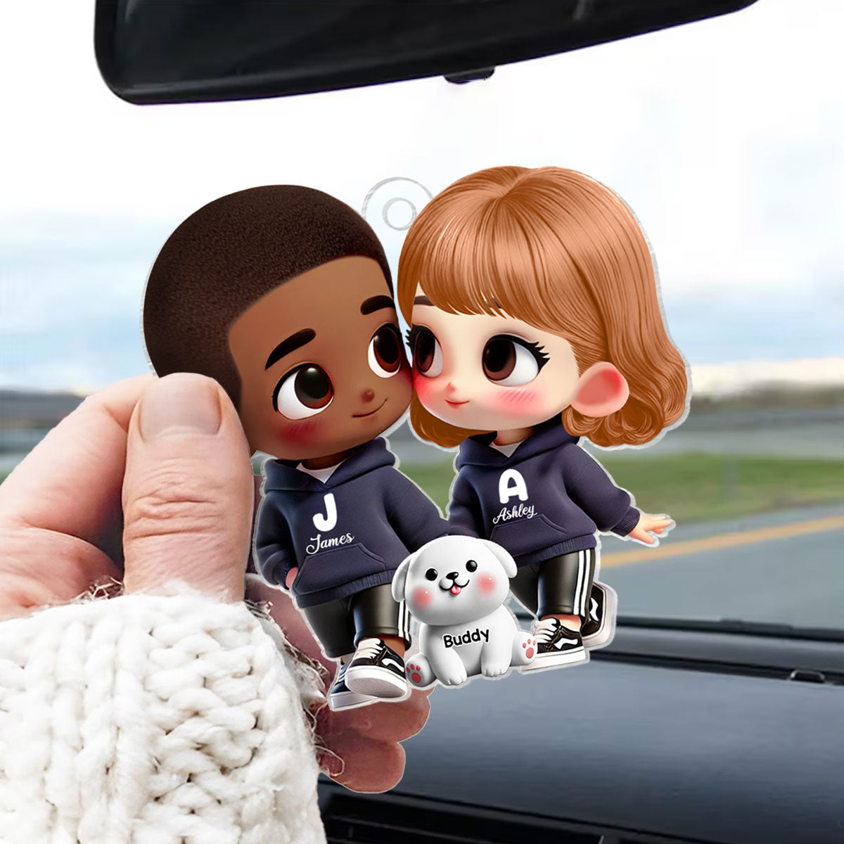 3D Effect Cute Cartoon Couple Holding Hands with Dogs Cats Personalized Acrylic Car Hanger, Anniversary &  Gift for him, Gift for her