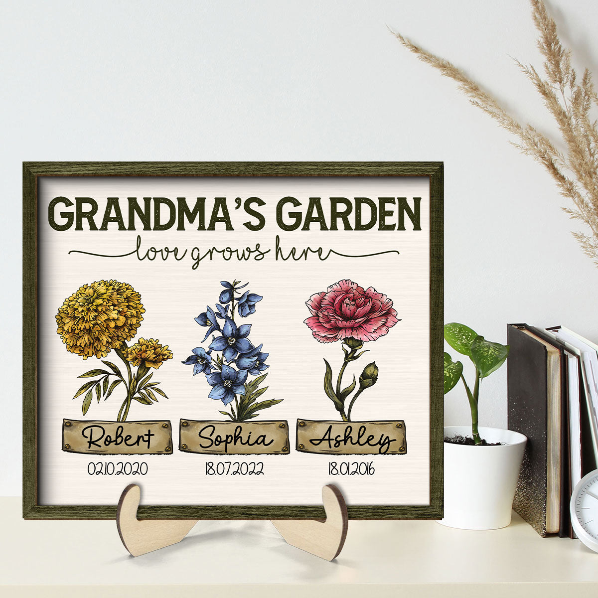 Grandma‘s Garden Love Grows Here Vintage Birth Month Flower Personalized 2-Layer Wooden Plaque