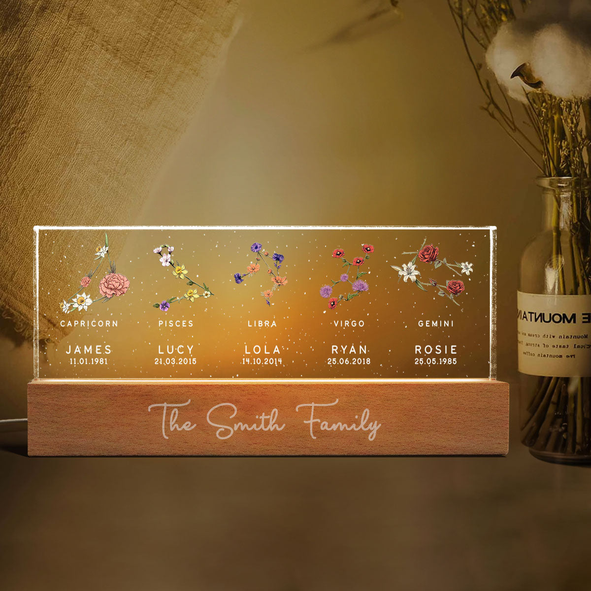 Family Zodiac Sign Birth Month Flowers Personalized Acrylic LED Night Light