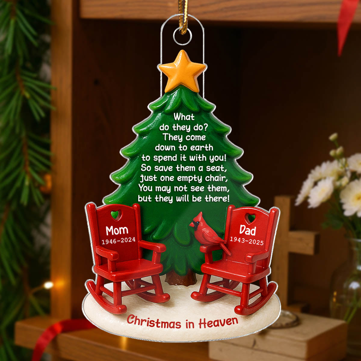Christmas In Heaven Save A Seat 3D Effect - Personalized Acrylic Ornament - Christmas Memorial Keepsake For Family