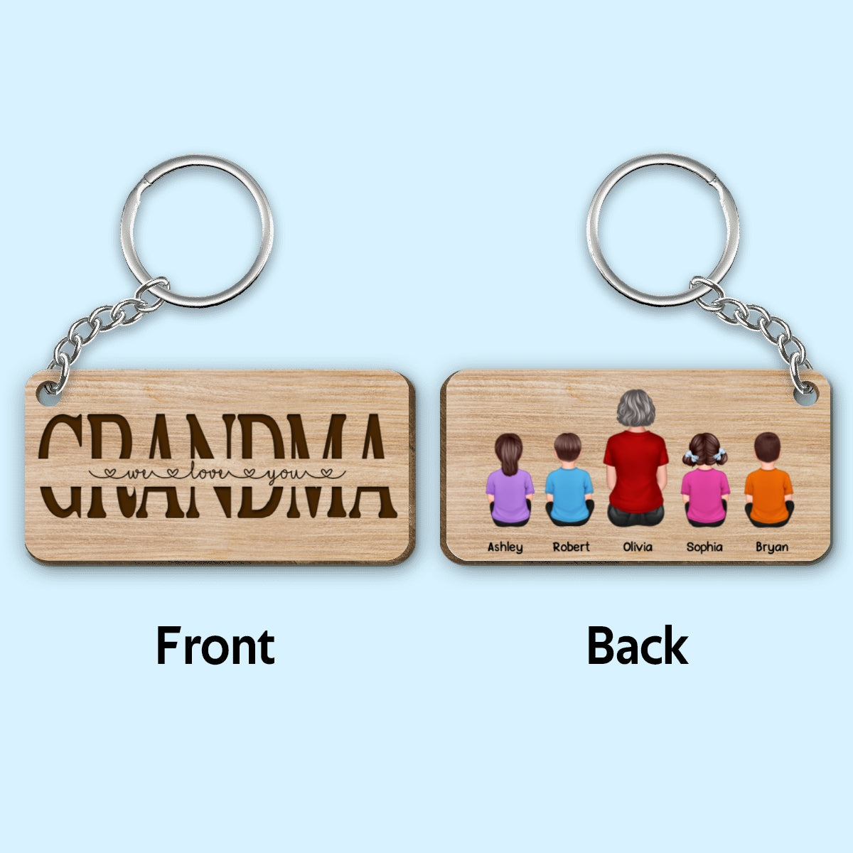 Best Grandma Ever Back View Woman Kids Dog Cat Personalized Wooden Keychain