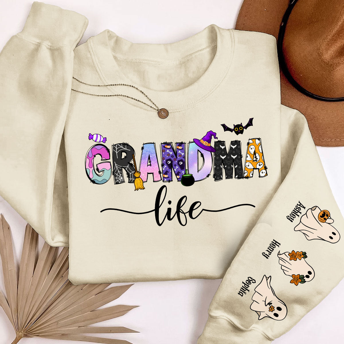Halloween Grandma Nana Life Personalized Sleeve Printed Sweatshirt