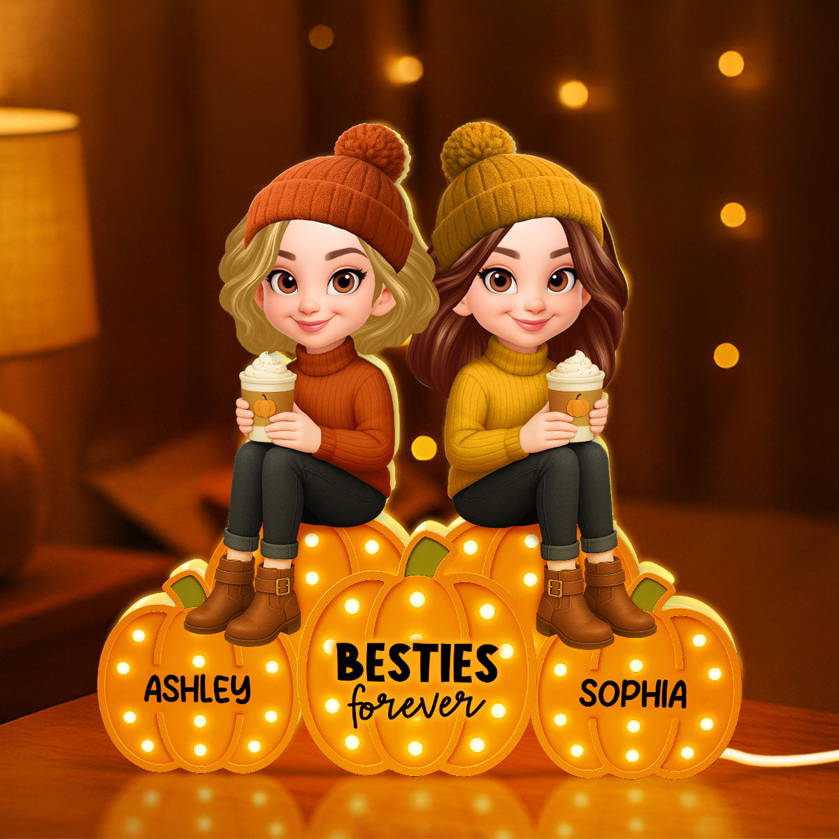 Besties Sisters Sitting On Pumpkins Marquee Pattern Effect Personalized LED Light Box, Cozy Fall Vibe Home Decoration