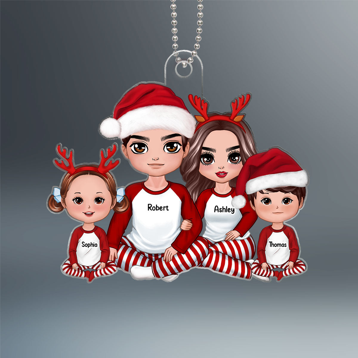 Pajamas Doll Family Couple Dad Mom Kids Sitting Christmas Personalized Acrylic Ornament