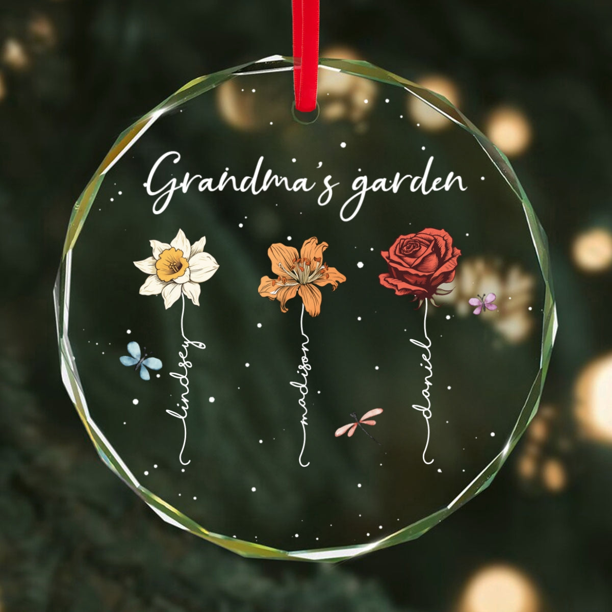Grandma's Garden Personalized Glass Ornament, Christmas Gift For Grandma Granddaughter Grandson