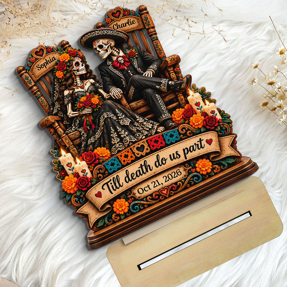 Till Death Do Us Part Skeleton 2D Flat - Personalized 2-Layered Wooden Plaque - Skull Decor Anniversary Wedding Gift for Couple, Gothic Home Decor, Dia de los Muertos, Day of the Dead Gift