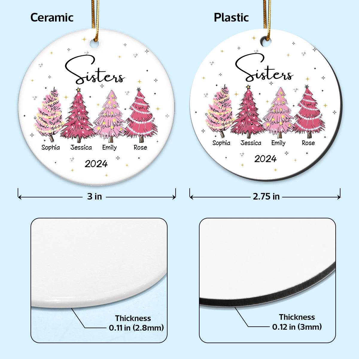 Sisters Besties Pink Christmas Tree Personalized Ceramic Ornament