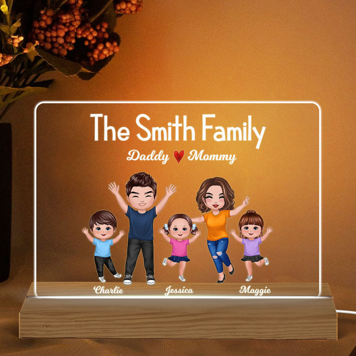 Happy Whole Family Doll Couple Dad Mom Kids Dogs Cats Personalized Warm Custom Shape Acrylic Plaque LED Night Light