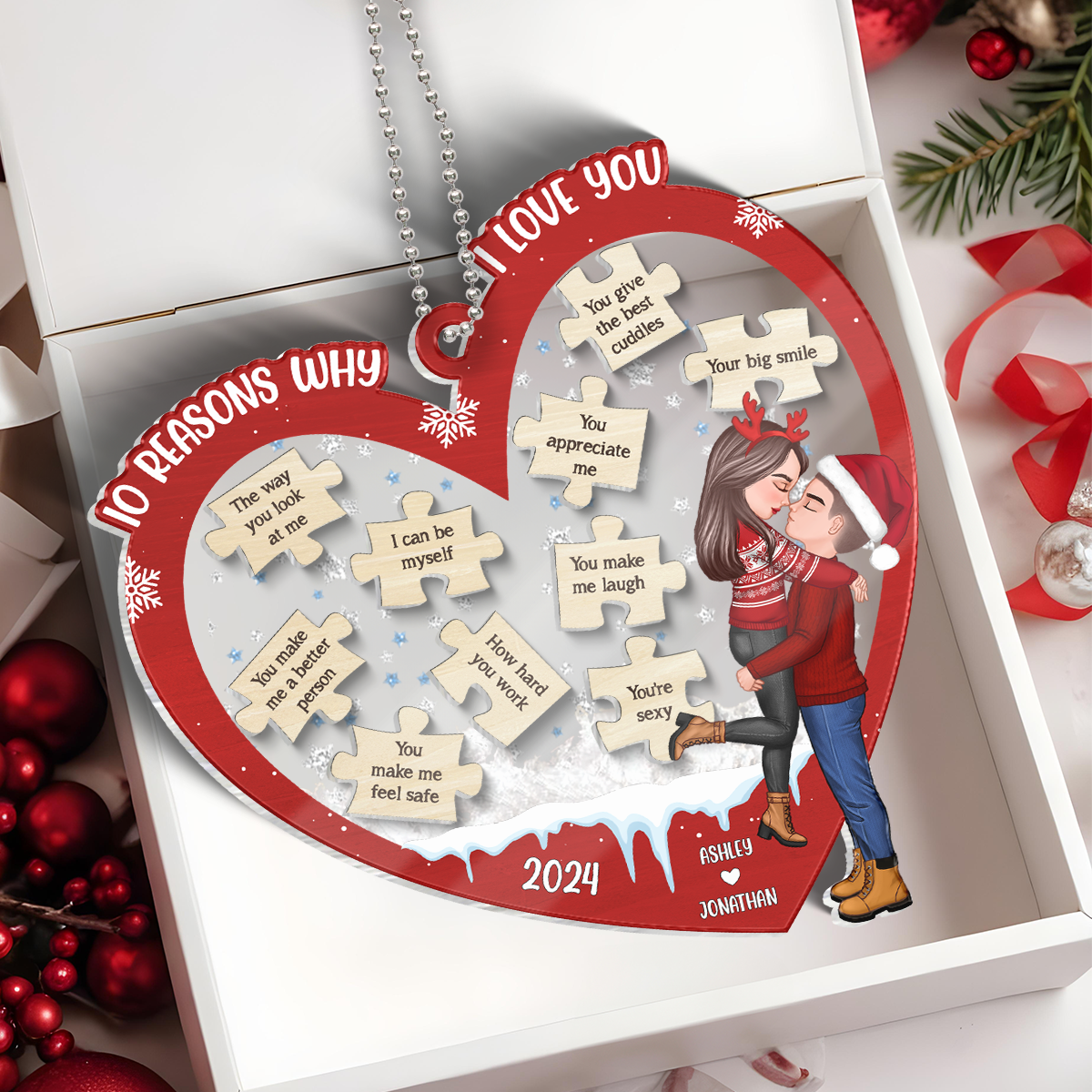 Reasons Why I Love You Christmas Couple Hugging Kissing Personalized Shaker Ornament, Christmas Gift For Her, For Him