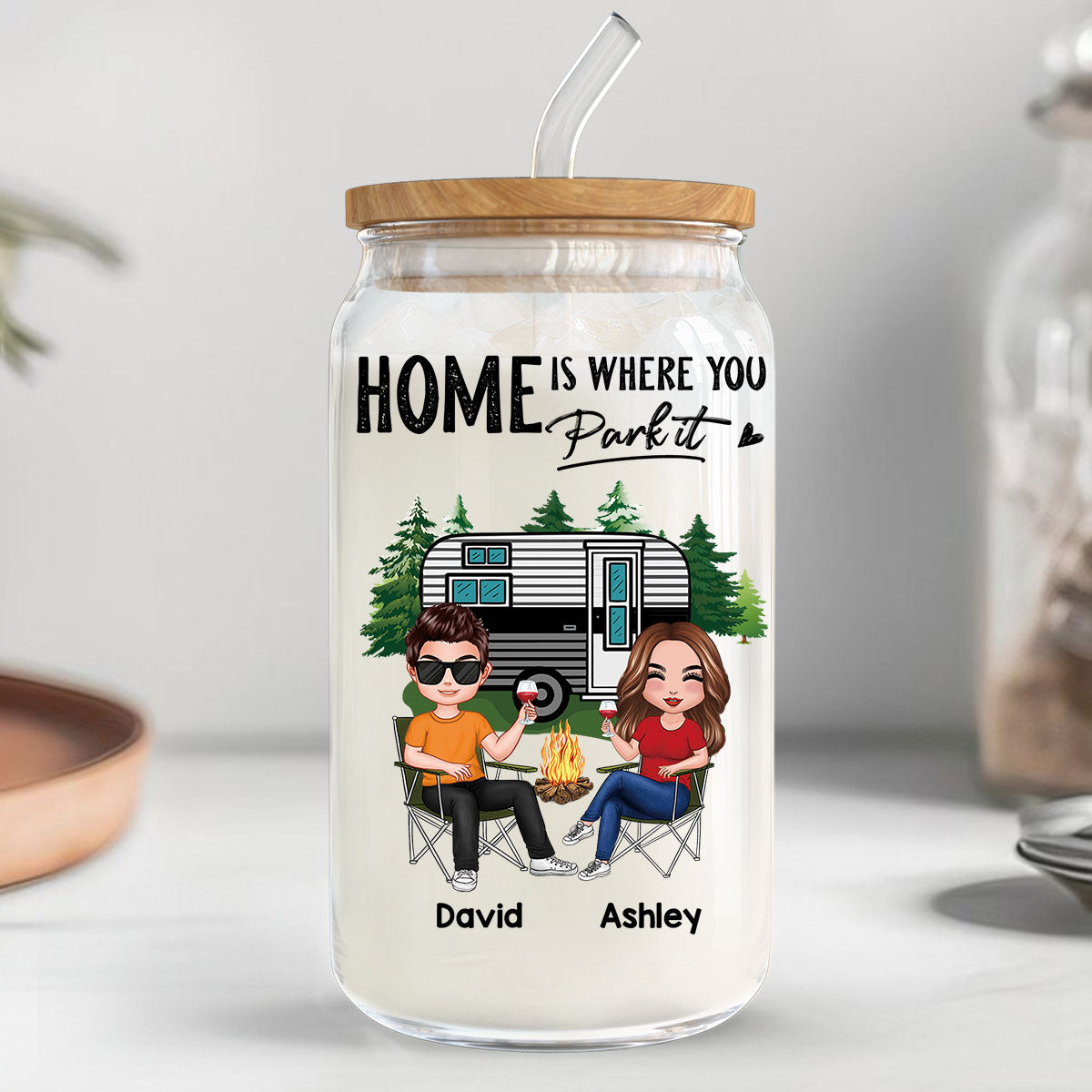 Doll Couple Camping Personalized Clear Glass Can