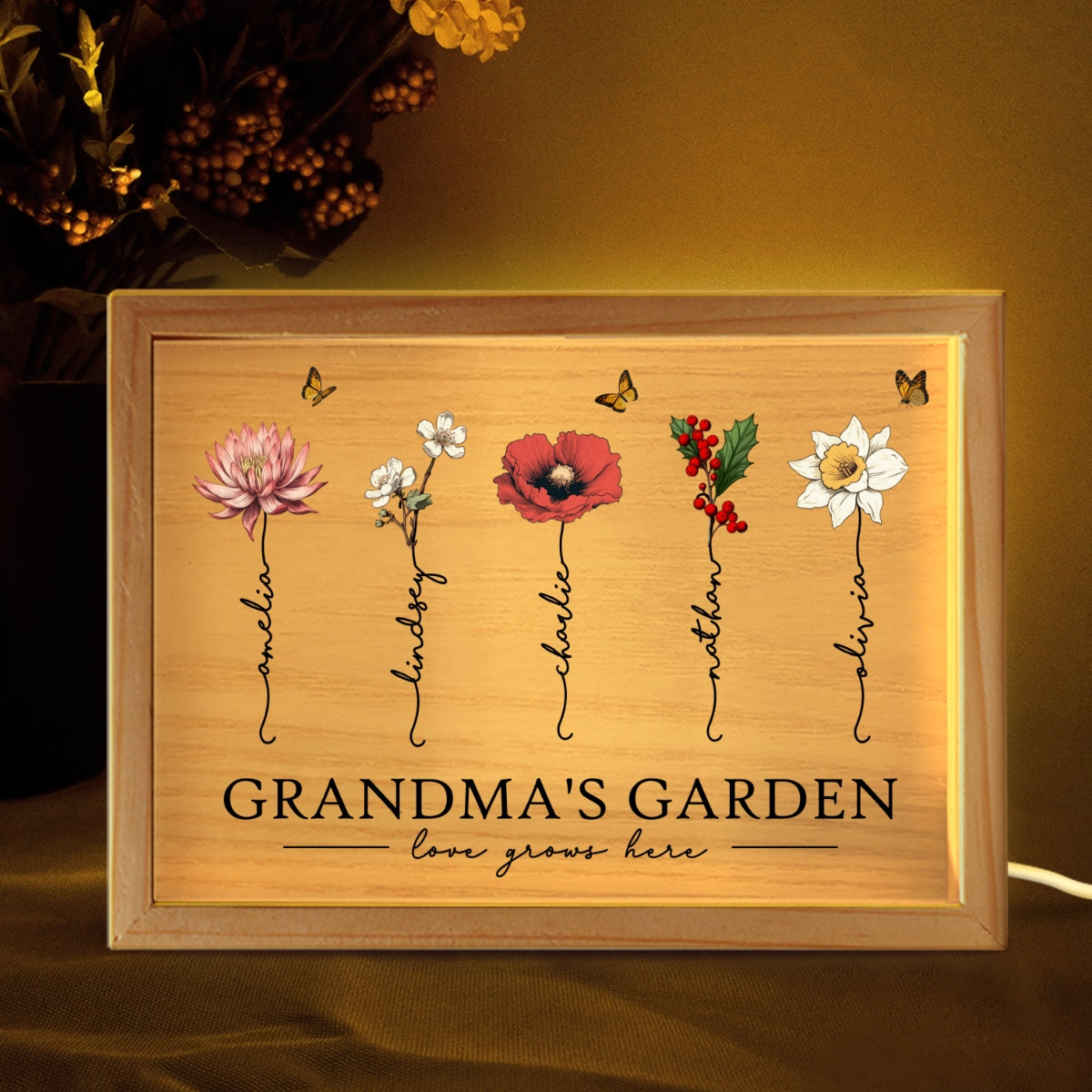 Grandma‘s Garden Love Grows Here Beautiful Birth Month Flower Gift For Grandma Mom Personalized Wooden Frame Light Box
