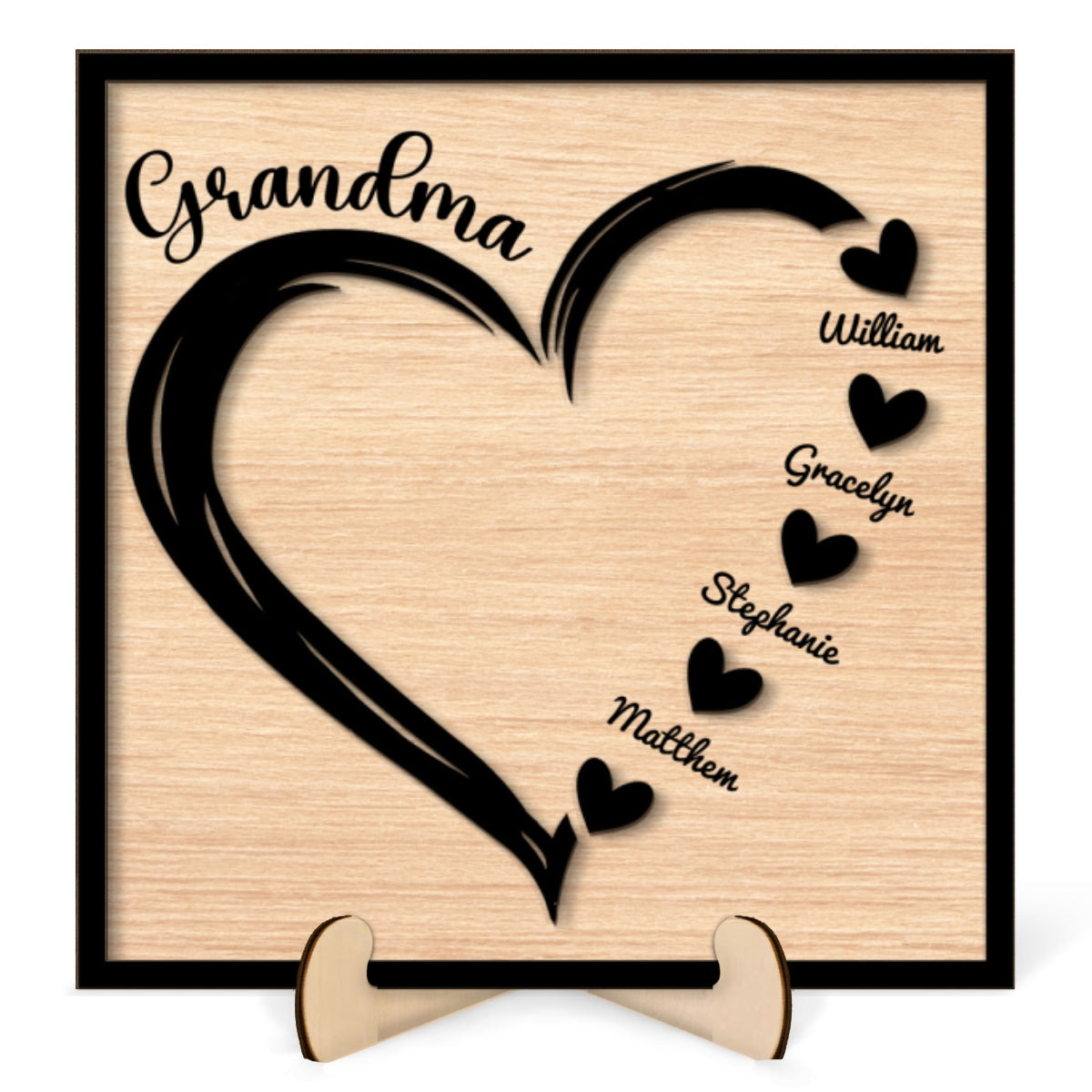 Grandma Mom Hearts With Kids Names Personalized 2-layer Wooden Plaque