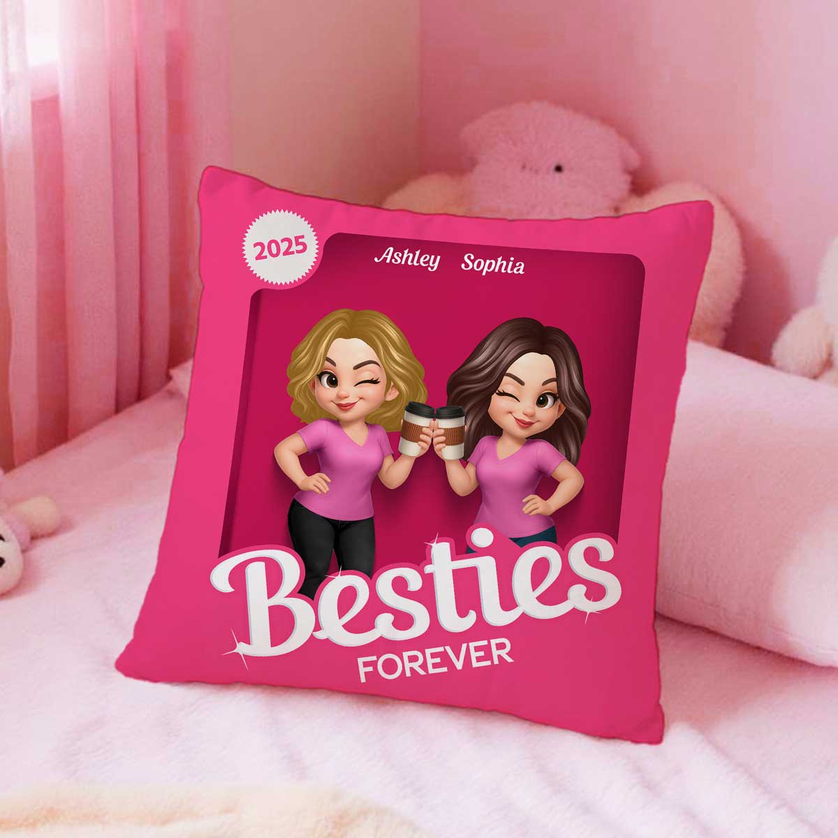 Besties Partners In Crime Pink Action Figure 3D Effect Personalized Pillow