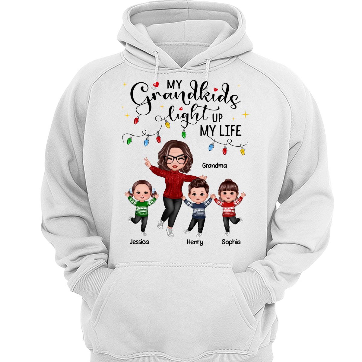 Happy Doll Grandma And Kids My Grandkids Light Up My Life Christmas Personalized Shirt