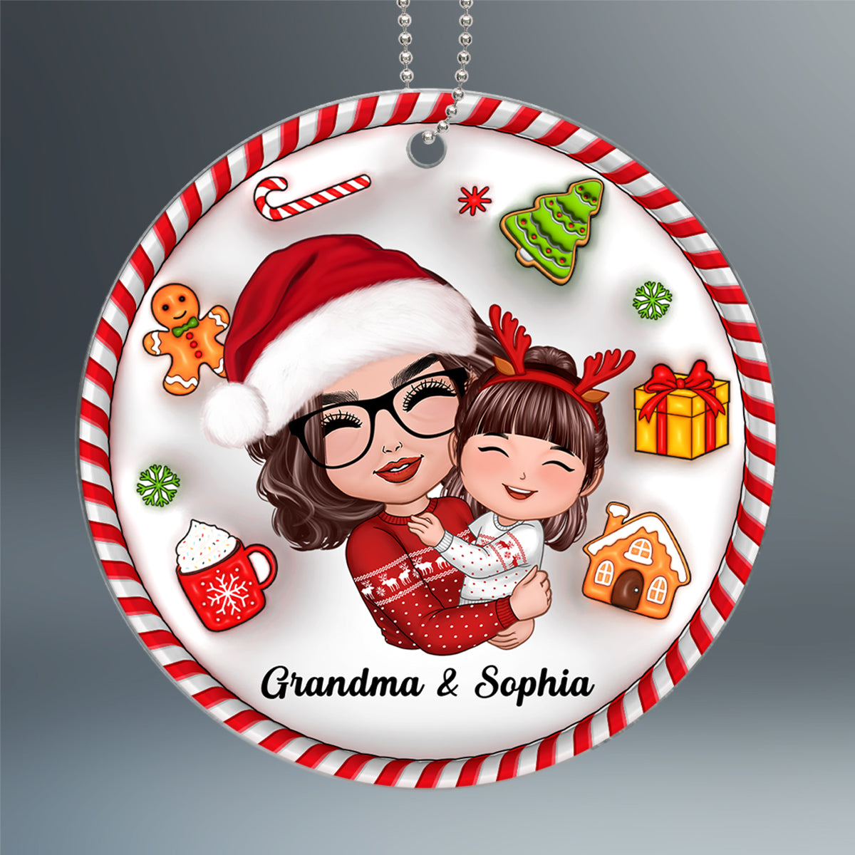 3D Christmas Things Pattern Doll Grandma Mom Hugging Kid Gift For Granddaughter Grandson Personalized Acrylic Ornament