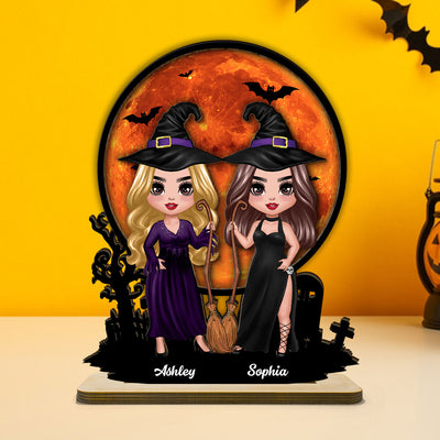 Witch Besties Halloween Moon Tabletop Tier Tray Wicca Pagan Decor Personalized 2-Layer Standing Wooden Plaque