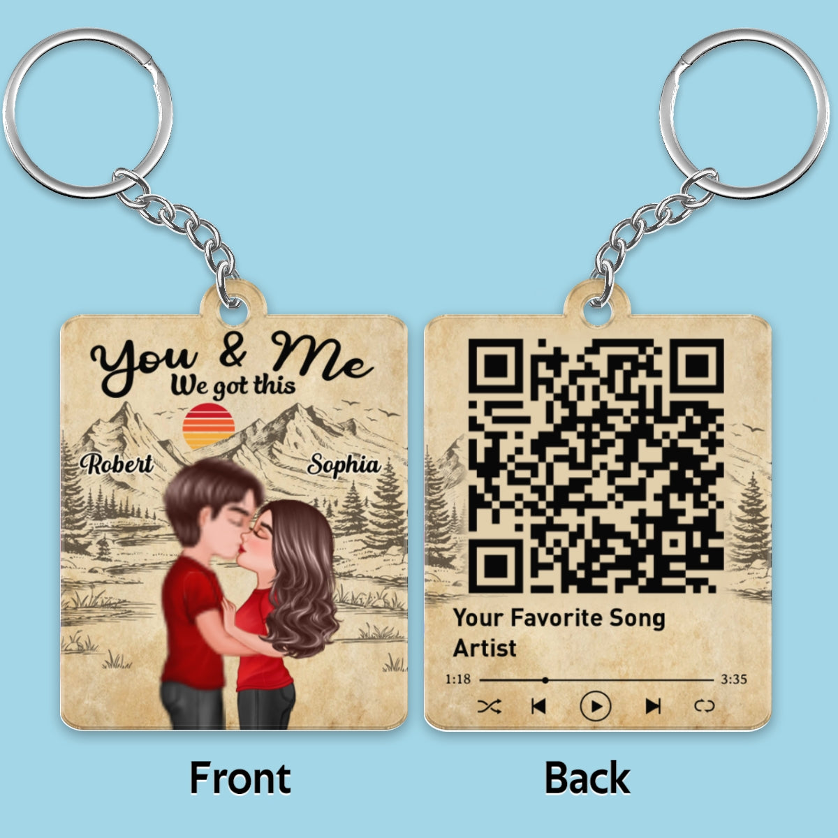Doll Couple Kissing Retro Sketch Forest Favorite Song QR Code Personalized Acrylic Keychain