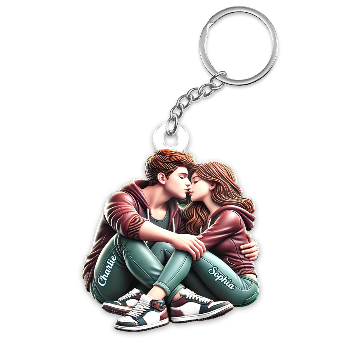 3D Effect Couple Sitting Kissing Personalized Acrylic Keychain, Heartfelt Gift For Couple, For Him, For Her, Boyfriend, Girlfriend, Husband, Wife