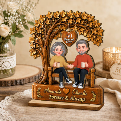 Couple Sitting Under Tree - Personalized 2-Layered Wooden Plaque - Golden Couple Keepsake, Anniversary Gift for Her, for Him