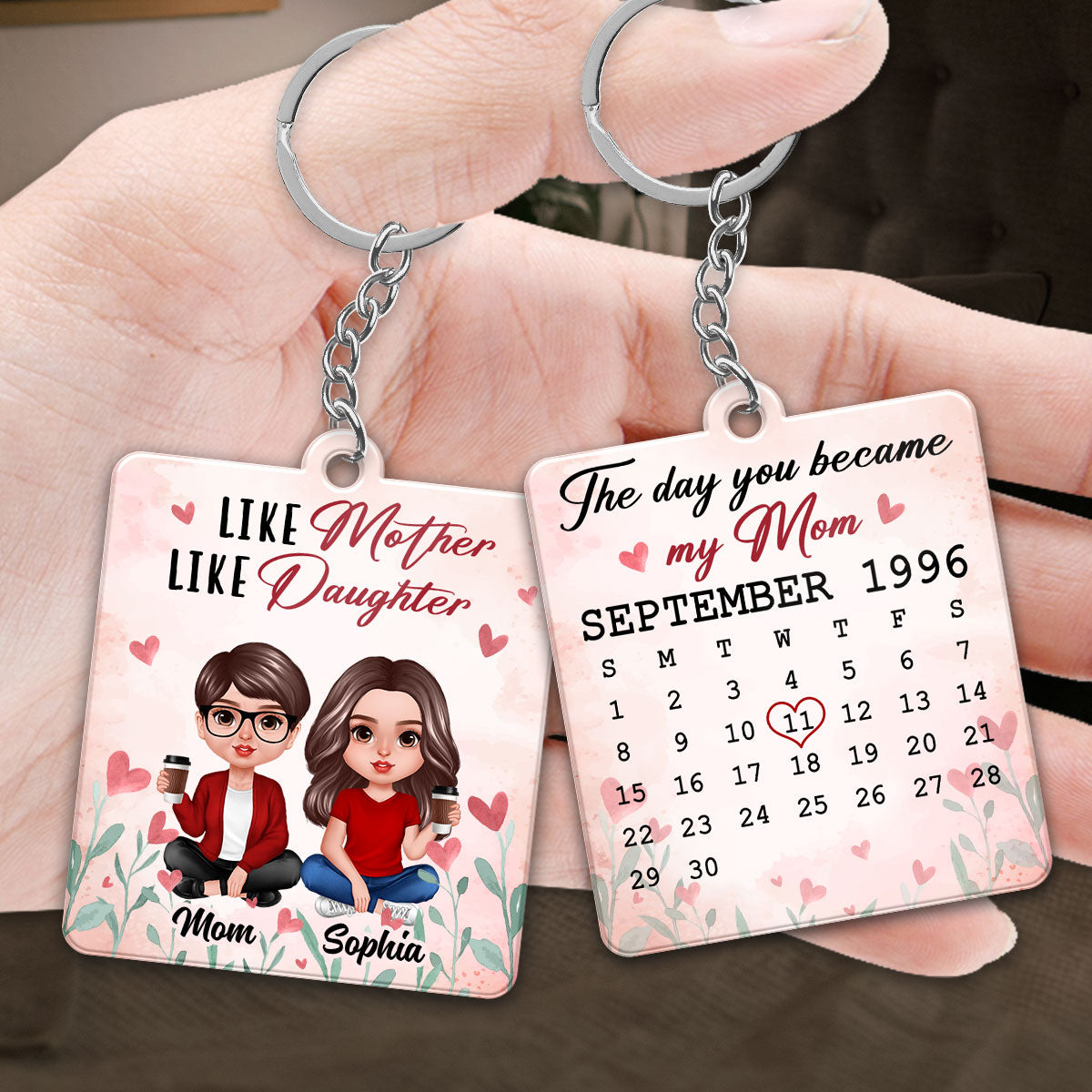 Realistic Mother Daughter Sitting Heart Flower Calendar Date Personalized Wooden Keychain