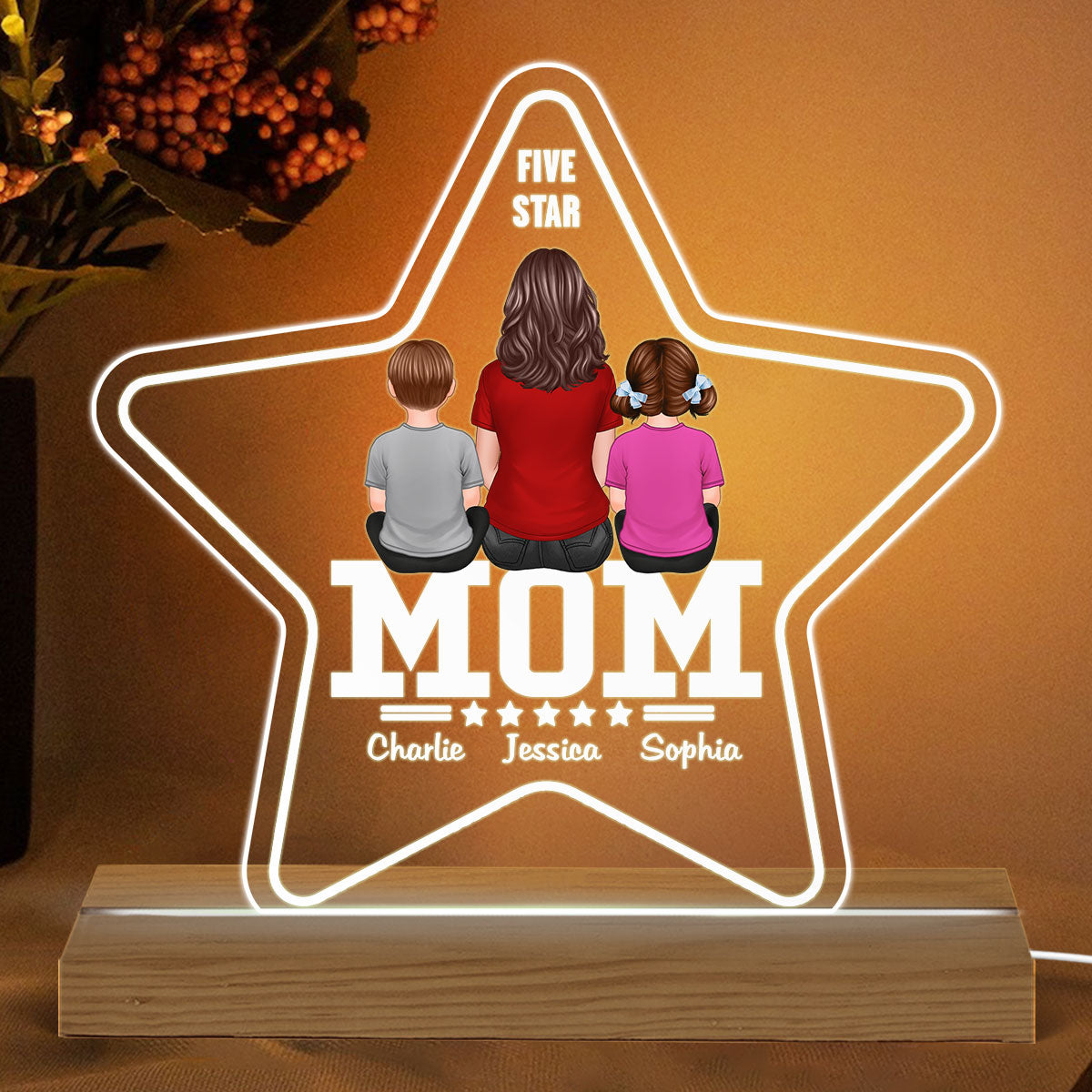 Five - Star Mom Back View Mom And Kids Personalized Acrylic Custom Shape LED Night Light
