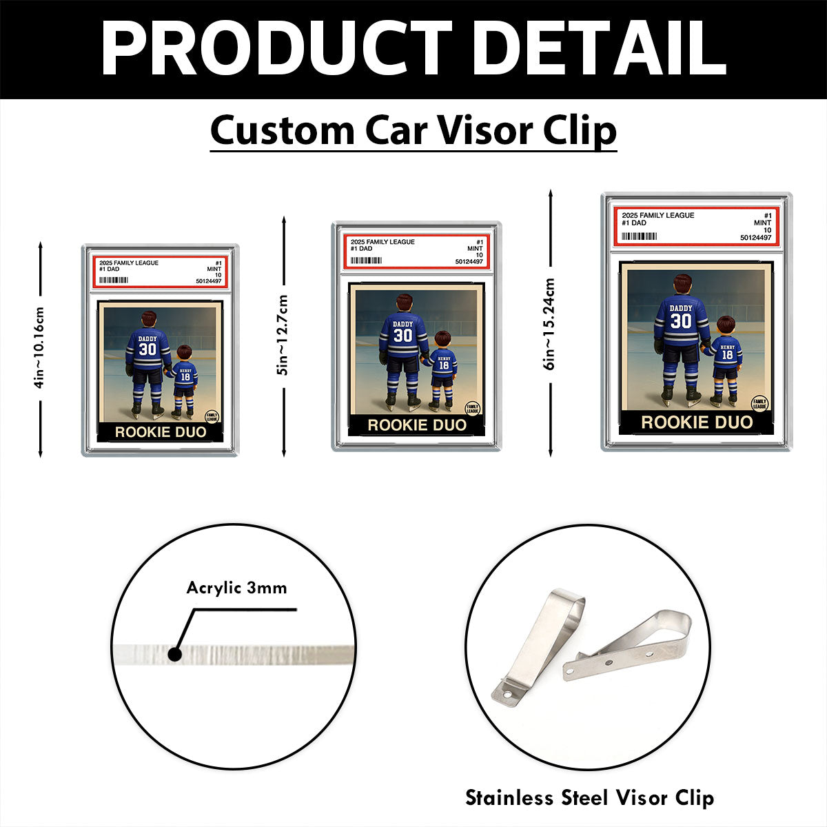 Hockey No. 1 Dad Man & Kids Trading Card Style Personalized Acrylic Car Visor Clip