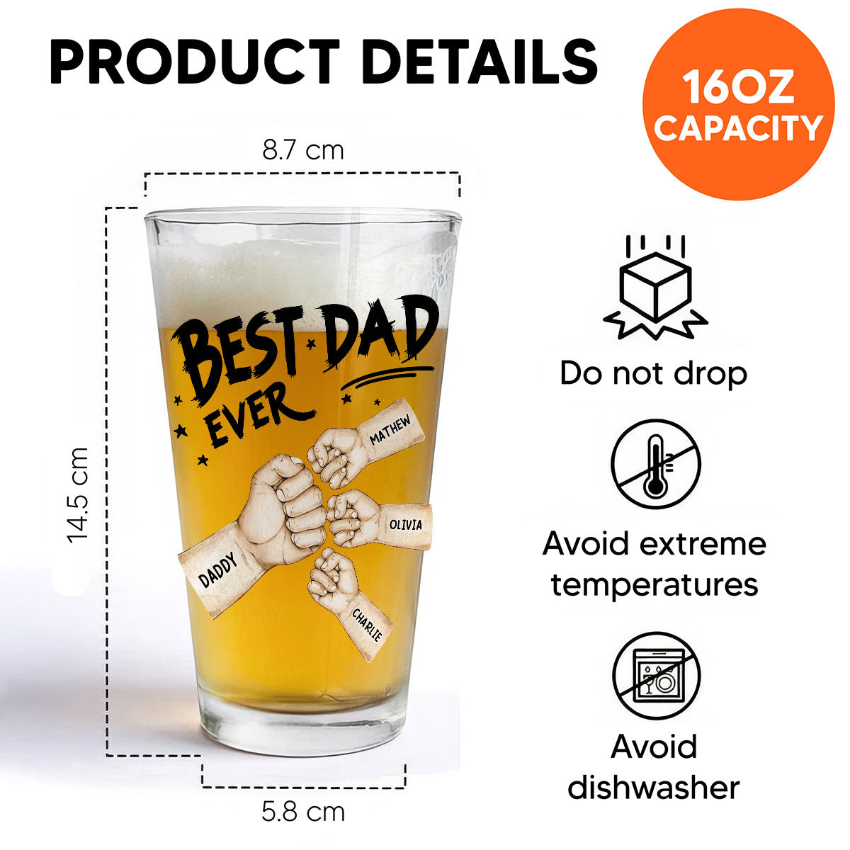 Best Dad Ever Fist Bump Personalized Beer Glass, Unique Birthday Gift For Dad, Father's Day Gift