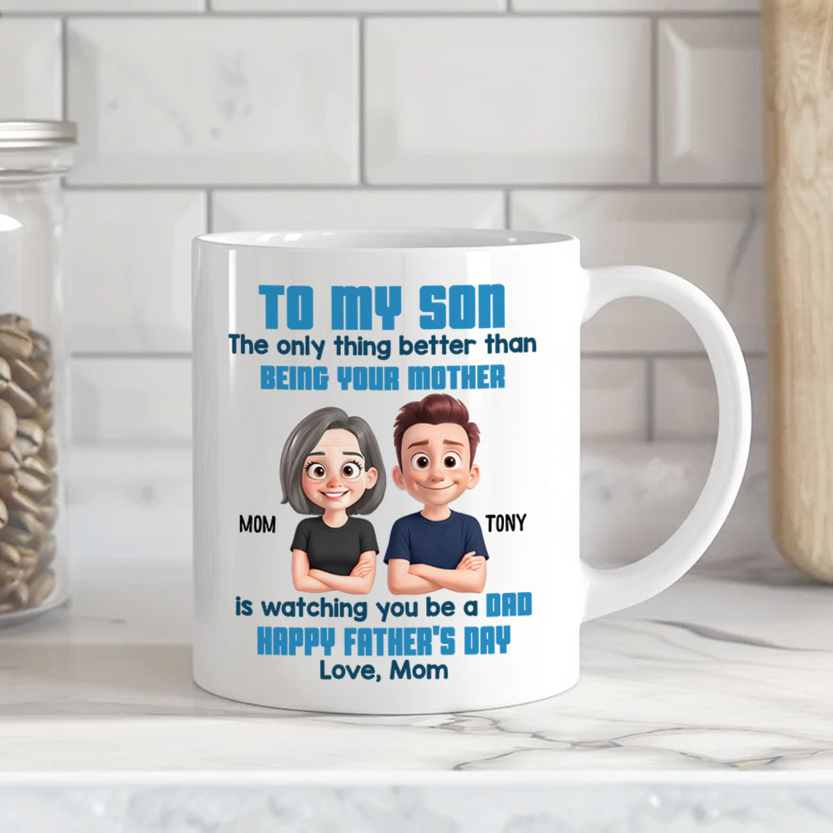 To My Son Happy Father's Day Cartoon Style Personalized Mug, Heartfelt Father's Day Gift For Son