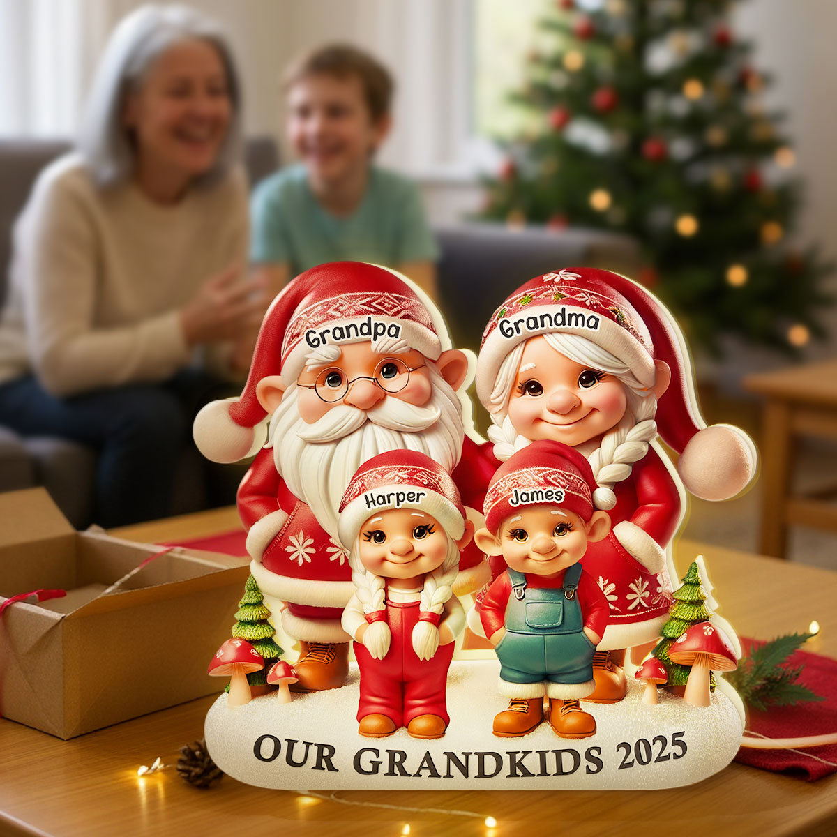 3D Effect Christmas Gnome Grandma Grandpa And Grandkids - Personalized Light Box - Heartwarming Christmas Gift For Grandma