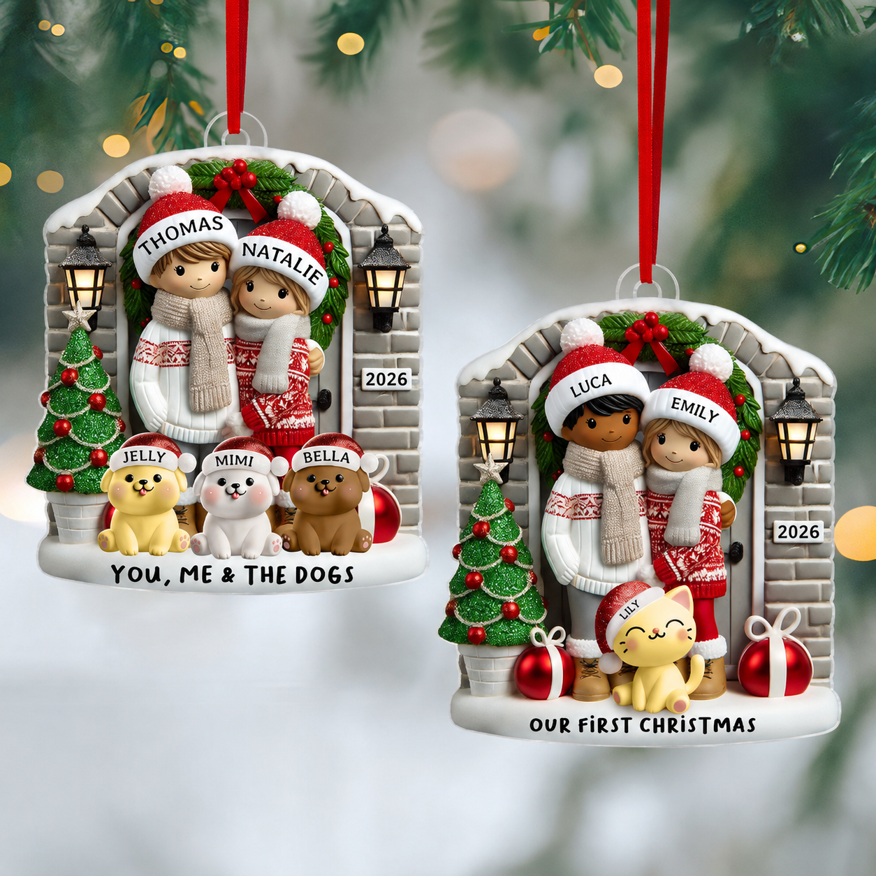 Farmhouse Couple with Optional Pet Dog Cat - Personalized Acrylic Ornament - Gift for Him, Gift for Her