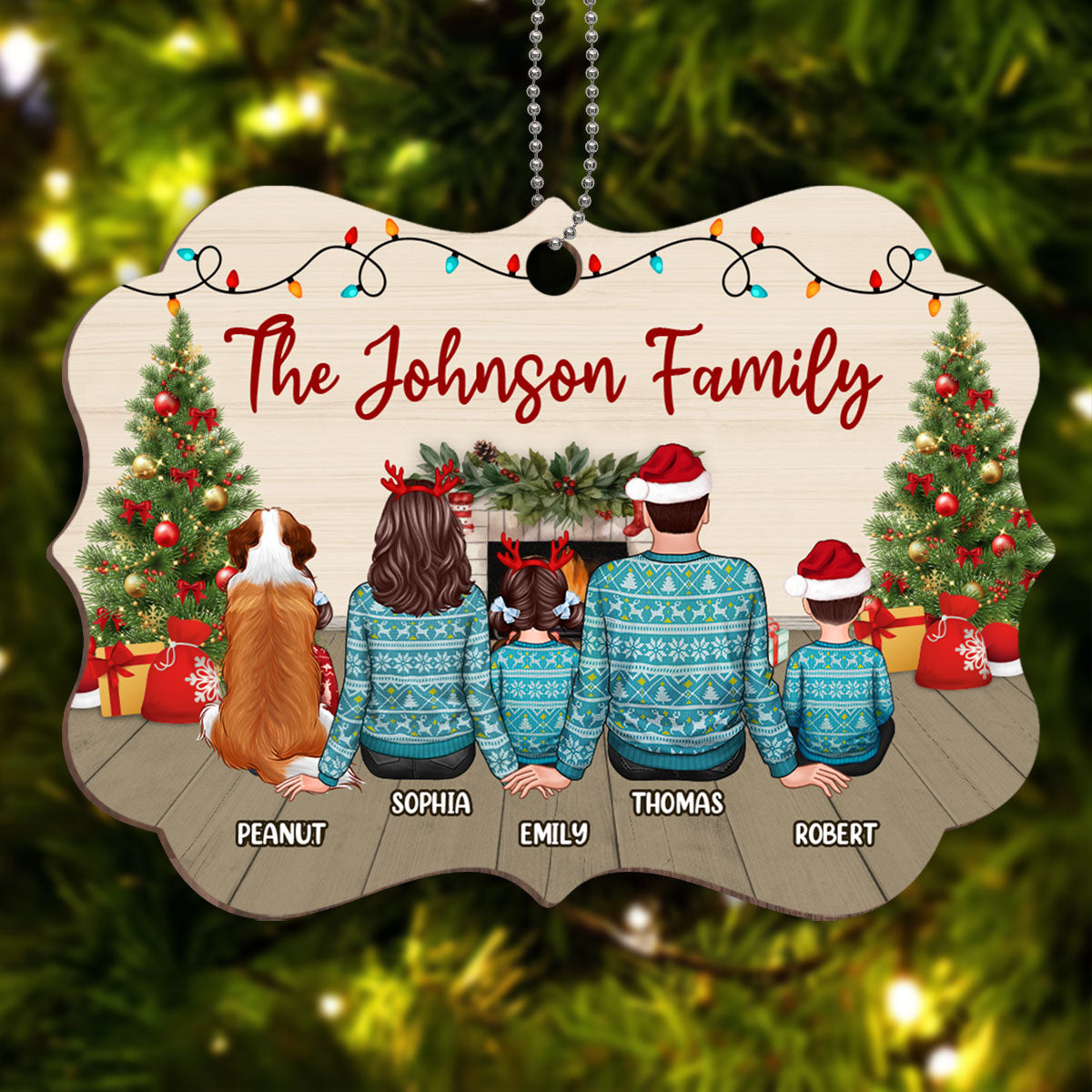 Family At Fireplace Christmas Ugly Sweater Personalized Wooden Ornament