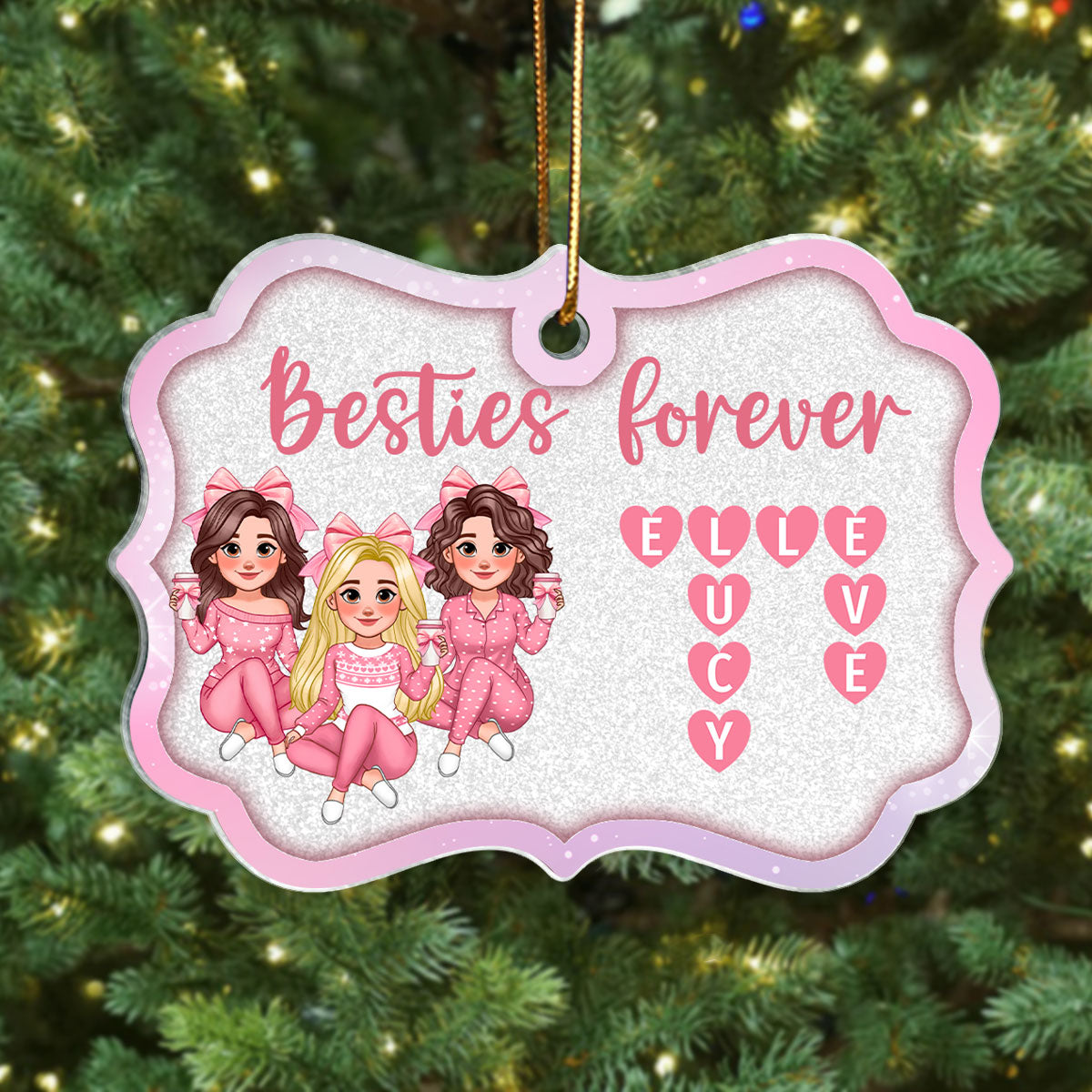 Besties Forever Pink Theme Heart Crossword Personalized Acrylic Ornament