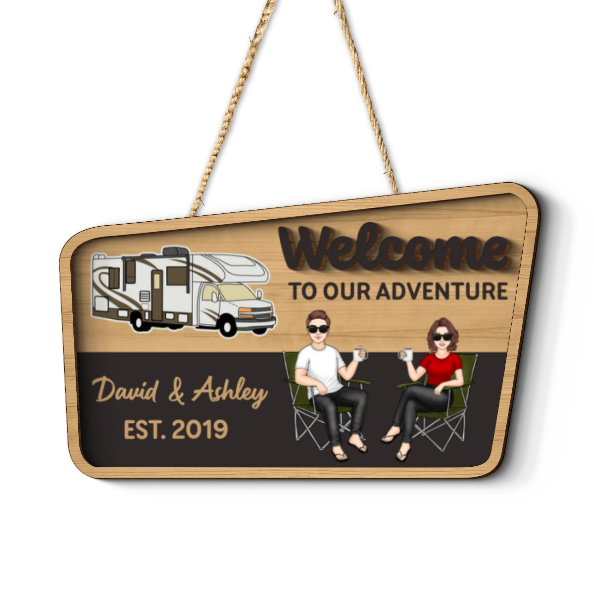Welcome To Our Adventure Camping Life Personalized 2-Layer Wooden Door Sign, Outdoor Sign Home Decor