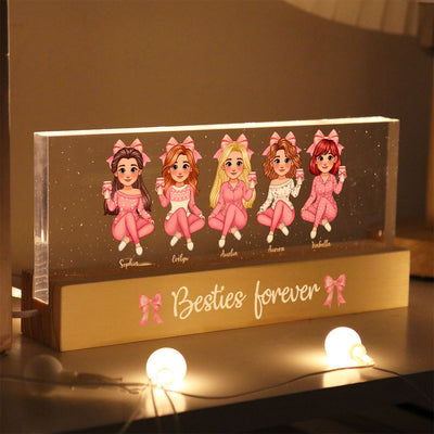 Coquette Animated Pink Besties Personalized Acrylic Block LED Night Light, Gift For Best Friends