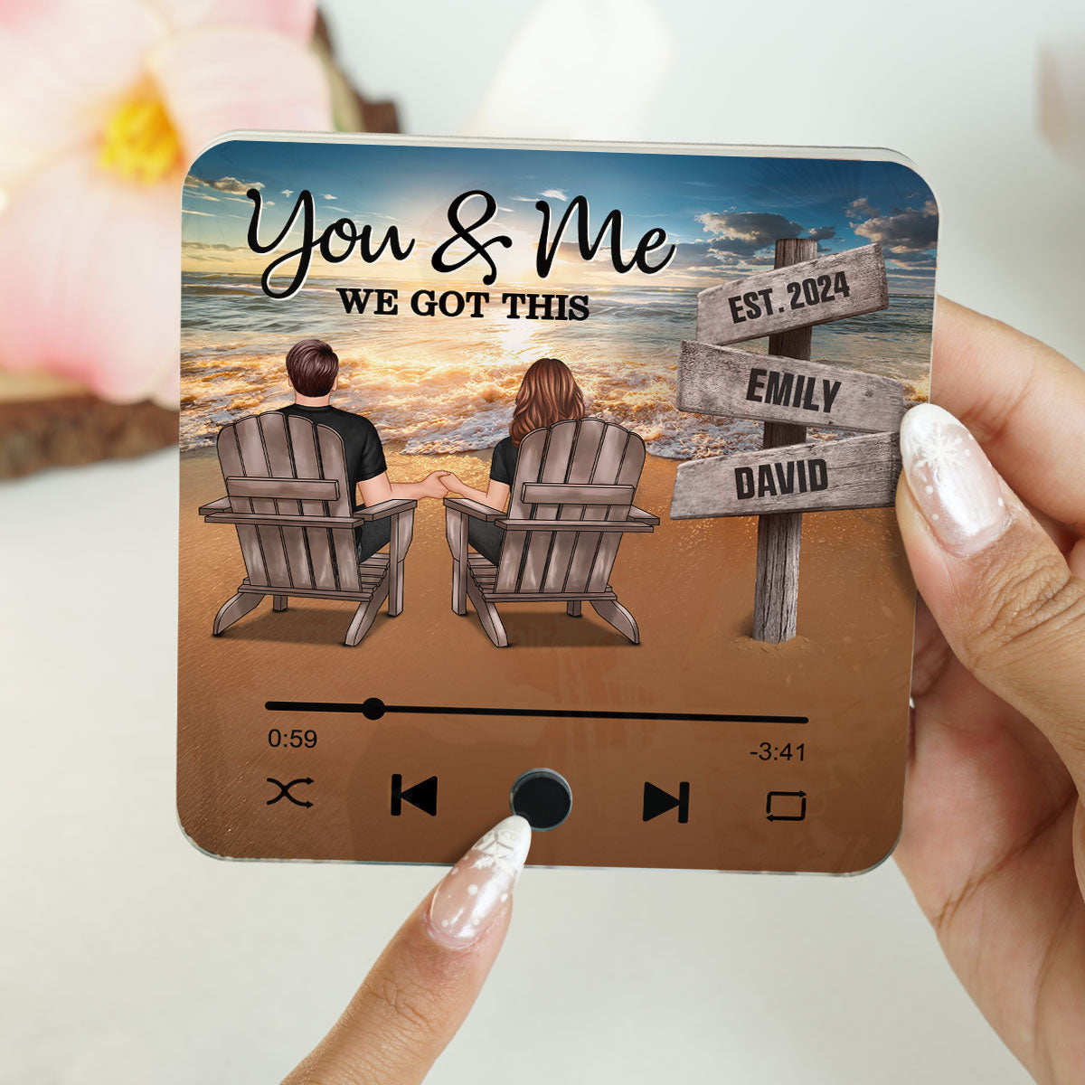 Romantic Beach Landscape Couple Sitting Holding Hands Sign Posts Personalized Bluetooth Music Fridge Magnet, Heartfelt Gift For Couple, For Him, For Her, Boyfriend, Girlfriend, Husband, Wife