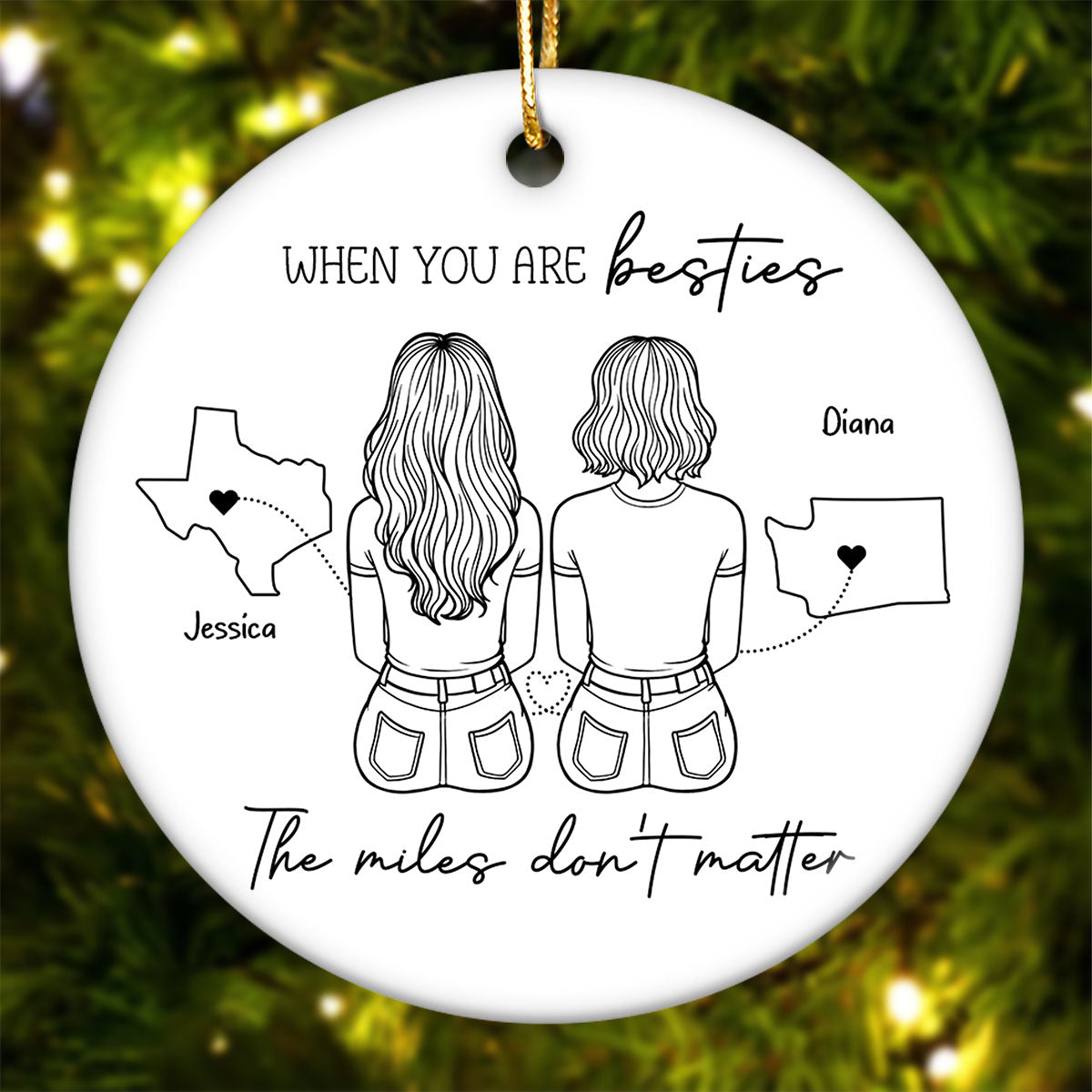 Outline Besties Sisters Long Distance Personalized Circle Ornament, Christmas Gift