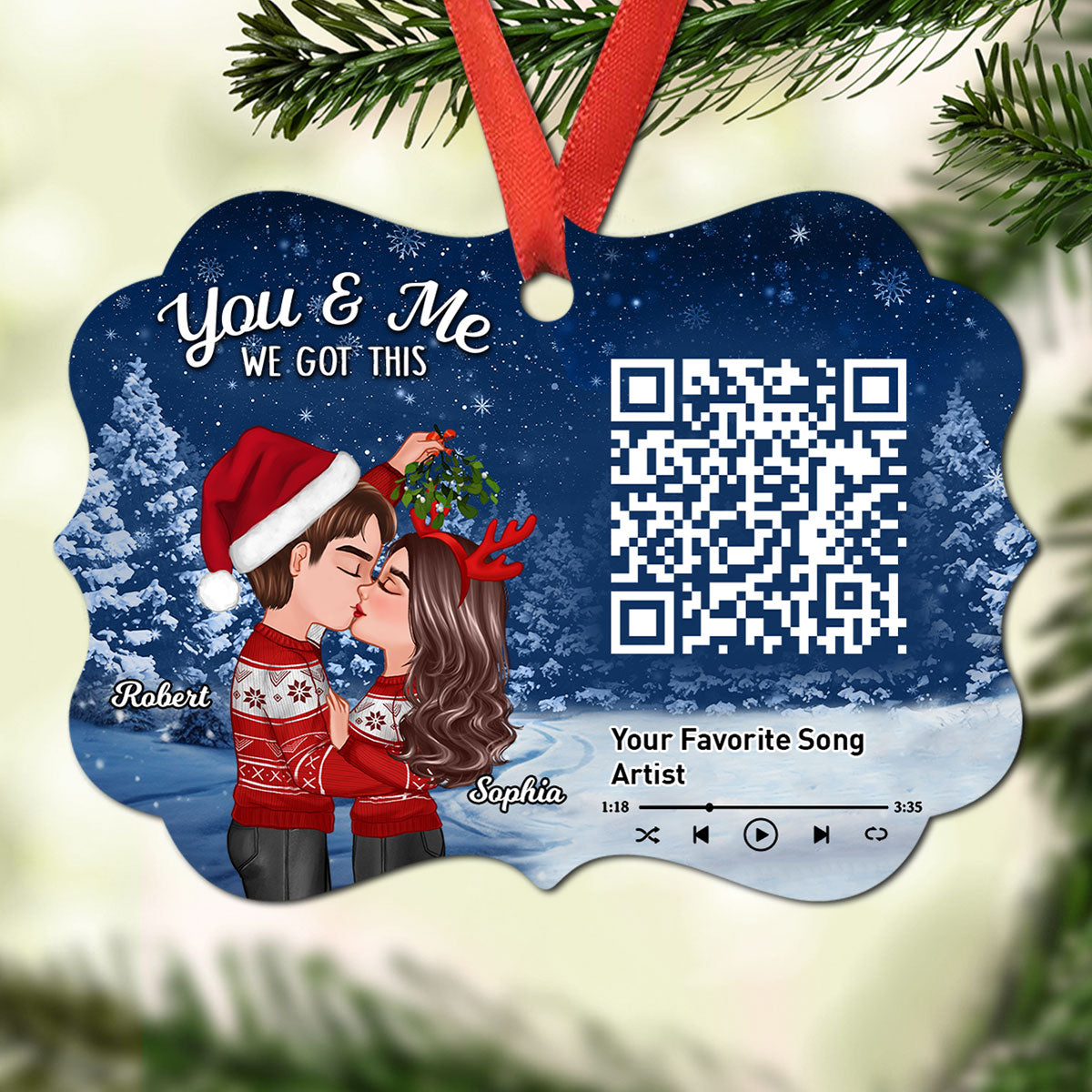 Galaxy Night Couple Kissing Under Mistletoe Favorite Song Scannable QR Code Christmas Personalized Christmas Ornament