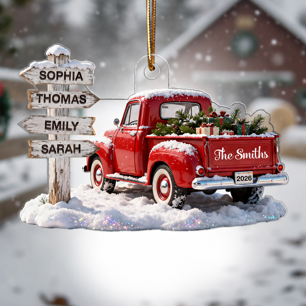 3D Effect Nostalgia Christmas Truck Family Sign Posts Custom Names - Personalized Acrylic Ornament - Gift For Family, Farmhouse Decor