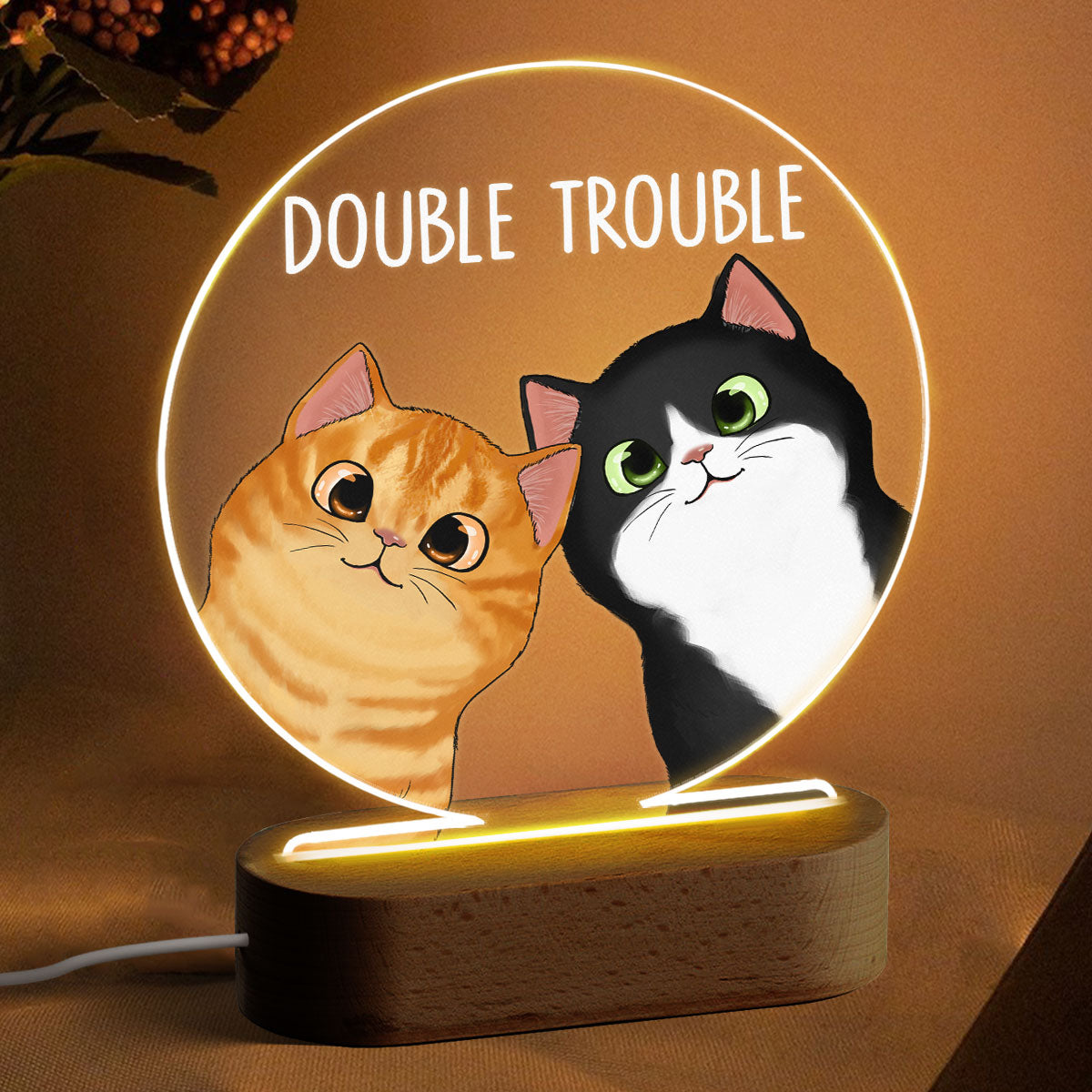 Peeking Cats Double Trouble Personalized Circle Acrylic Plaque LED Lamp Night Light
